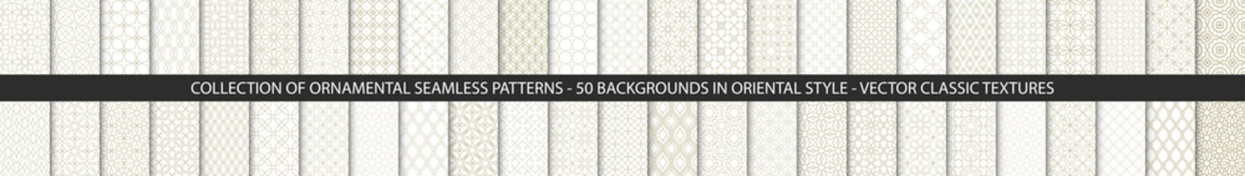 Super Big set of 50 oriental patterns. White and gold background with Arabic ornaments. Patterns, backgrounds and wallpapers for your design. Textile ornament. Vector illustration.