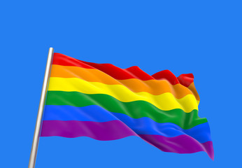 3d rendering. Windy waving LGBTQ rainbow flag with clipping path isolated on blue sky background.