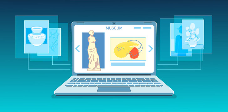 Online art gallery banner. Virtual museum in modern laptop on tech background. Online exhibition Tours, Internet technology. Home leisure on mobile devices. Web tourism Vector concept
