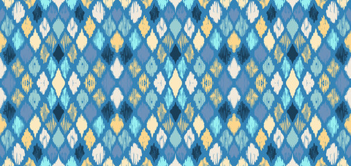 Ikat geometric folklore ornament with diamonds. Tribal ethnic vector texture. Seamless striped pattern in Aztec style. Folk embroidery. Indian, Scandinavian, Gypsy, Mexican, African rug.