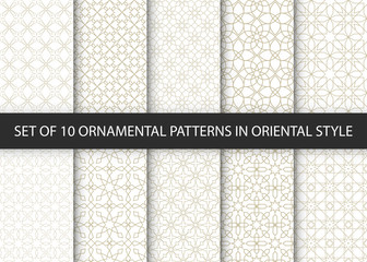 Collection of 10 oriental patterns. White and gold background with Arabic ornaments. Patterns, backgrounds and wallpapers for your design. Textile ornament. Vector illustration.