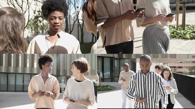 Group of multiethnic cellphone users chatting online, talking offline, walking down street, meeting outside. Multiscreen montage, collage portraits. Communication concept