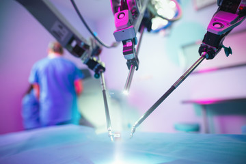 Medical robotic surgical arm, surgeon medical robot davinci surgery technology machine.Robotic surgery for neurosurgery medical robotic futuristic health care medicine. Minimally invasive microsurgery