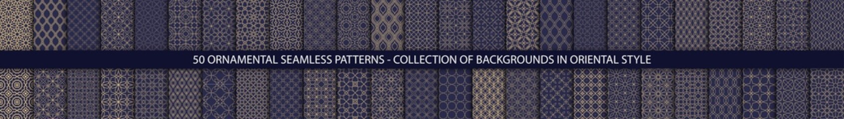 Super Big set of 50 oriental patterns. Dark blue and gold background with Arabic ornaments. Patterns, backgrounds and wallpapers for your design. Textile ornament. Vector illustration.