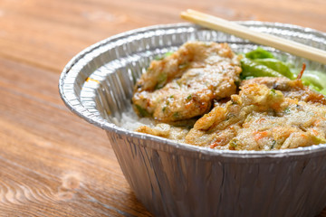 fast food of fried fish cutlet and cabbage and rice