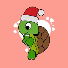 Illustration of Turtle Stands While Wearing A Santa Hat Cartoon, Cute Funny Character, Flat Design