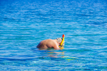 Man with snorkeling tube in sea