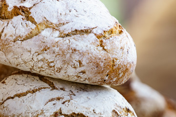 Many rustic fresh bread loaves