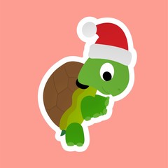 Sticker of Turtle Stands While Wearing A Santa Hat, Cute Funny Character, Flat Design