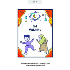 Greeting card decorated for Ramadan 
and Eid Mubarak celebrations. Cartoon sketch hand drawn style, Editable template to any media. Ready to use Vector Illustration EPS 10