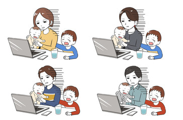 2人の子供に泣かれ、疲れ果てるテレワーク社員