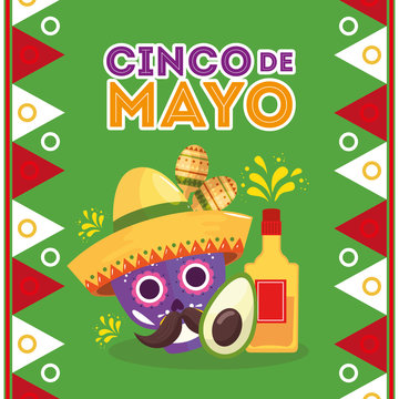 Mexican Tequila Bottle Skull With Hat And Avocado Design, Cinco De Mayo Mexico Culture Tourism Landmark Latin And Party Theme Vector Illustration