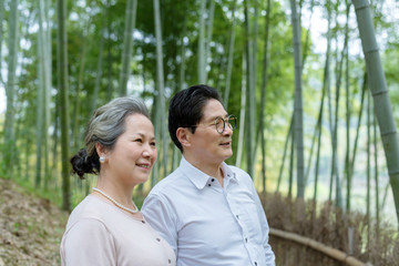 Obraz premium An elderly Asian couple walking in a bamboo forest