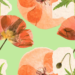 Poppy. Illustration, texture of flowers. Seamless pattern for continuous replication. Floral background, photo collage for textile, cotton fabric. For use in wallpaper, covers und poster