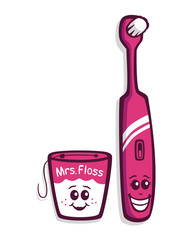 Vector drawing of a pink electrical toothbrush and a pink floss packaging with smiling faces. Drawn in a cute style and isolated on white.