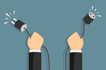 Business cartoon with hand holding plug. vector illustration