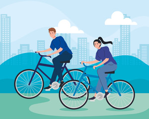 young couple riding bike in cityscape vector illustration design