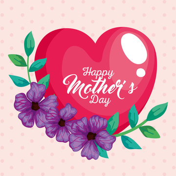 Heart flowers with leaves card design, happy mothers day love relationship decoration celebration greeting and invitation theme Vector illustration