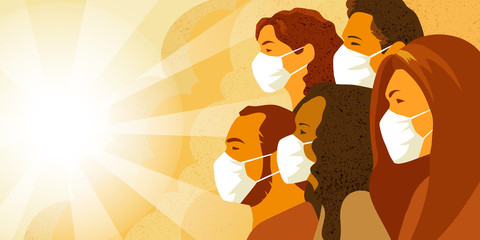 Vector illustration of multinational group of people in medical mask look into the future with hope. Coronavirus COVID-19 pandemia concept. - obrazy, fototapety, plakaty