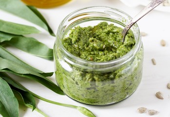pasta sauce of wild garlic with sunflower seeds