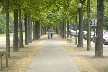 Mother and child walking through park, Paris, France