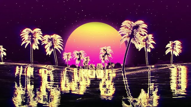 Palm Tree Flyh to Sunset.Concept is silhouette Coconut tree fly to the sunset loop animtion.