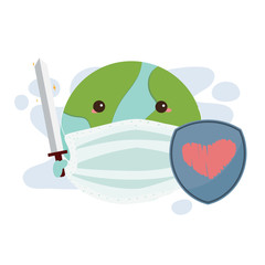 earth wear medical face mask with sword and shield to fight against corona virus covid-19 pandemic