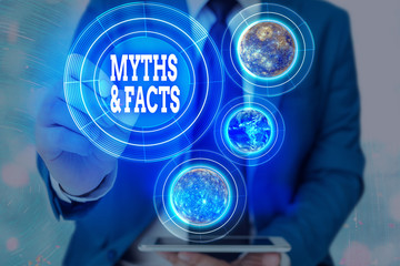 Word writing text Myths And Facts. Business photo showcasing usually traditional story of...