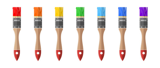 Multi-colored tassels of seven colors of a rainbow. Paint brushes icons set. Vector illustration