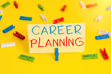 Word writing text Career Planning. Business photo showcasing Strategically plan your career goals and work success Colored clothespin papers empty reminder yellow floor background office