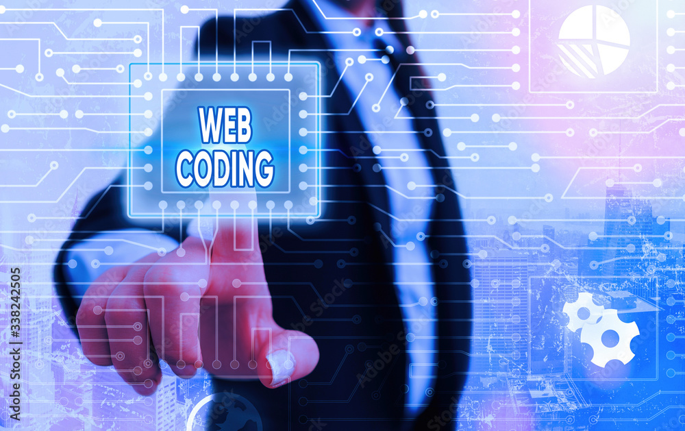 Poster word writing text web coding. business photo showcasing work involved in developing a web site for t