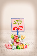 Text sign showing Logo Wood. Business photo text Recognizable design or symbol of a company...