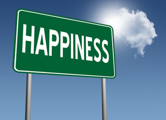 Happiness sign on sunny sky background.