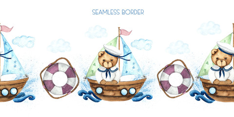 Little Sailor. Watercolor hand painted seamless border with cute Teddy Bears, boat, sailboat, steering wheel, anchor, Seagull, binoculars, fishes, captain's cap, waves, spray