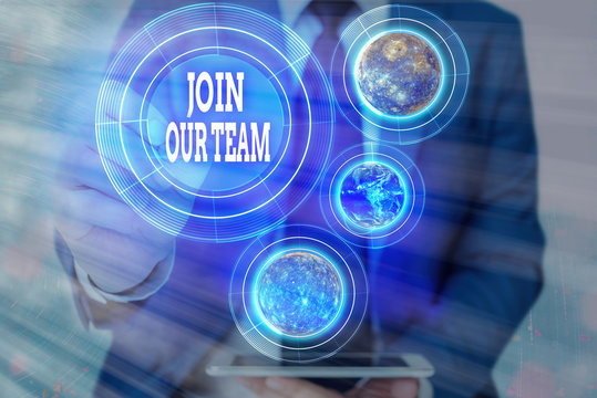 Word writing text Join Our Team. Business photo showcasing inviting someone into your local company or organization Elements of this image furnished by NASA