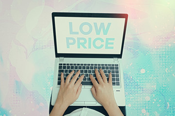 Text sign showing Low Price. Business photo showcasing Price are the lowest in relation to other...