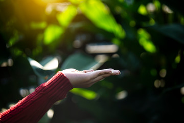 Technology, hand holding with environment Icons over the Network connection on green background.