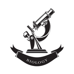 Black and white icon science biology. Science studying living organisms - biology. Microscope. Vector illustration