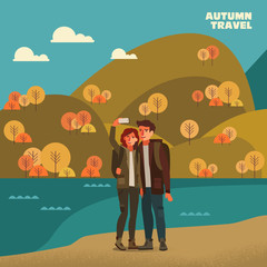 Young couple taking selfie. Travel, vacation, holidays and adventure vector concept illustration. Autumn mountain landscape background. Poster design style
