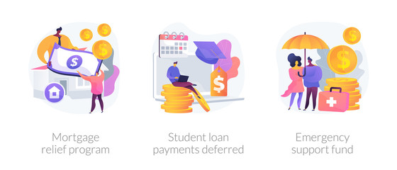 Coronavirus stimulus package plan abstract concept vector illustration set. Mortgage relief program, student loan deferred payment, emergency response support fund, government help abstract metaphor.