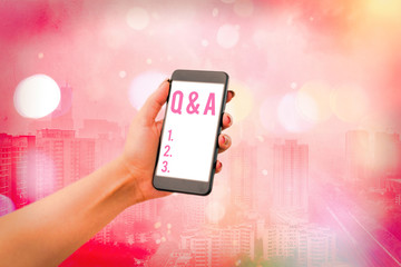Text sign showing Q And A. Business photo text a period of time or an occasion when someone answers...