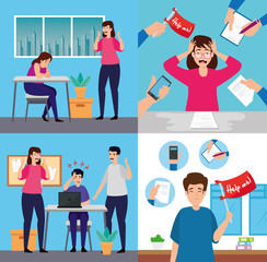 set scenes of people with with stress attack vector illustration design