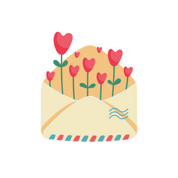 recommend clip art: Happy Valentine’s day, love or romantic letter concept. Envelope with air mail stripes and red hearts growing like flowers. Flat cartoon vector illustration for greeting card.