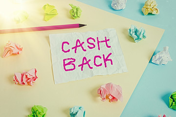 Fototapeta na wymiar Text sign showing Cash Back. Business photo showcasing denoting a form of incentive offered to buyers of certain products Colored crumpled papers empty reminder blue yellow background clothespin