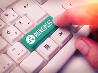 Writing note showing Principles. Business concept for fundamental truth that serves as the base for...