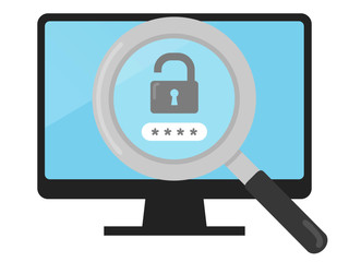 鍵アイコンとパスワードとパソコンと虫眼鏡