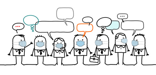 Cartoon business people with protection masks and social network