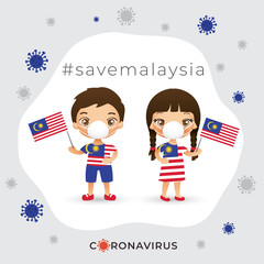 Fototapeta premium Set of boy and girl wearing surgical mask preventing coronavirus with national flag : Vector Illustration