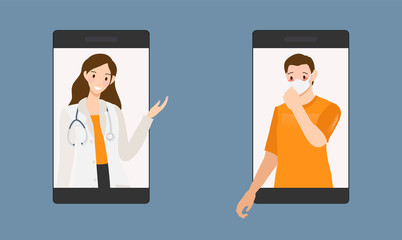 young happy doctor and patient use mobile phone to communicate for social distancing