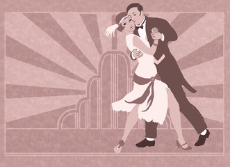 Illustration of vintage look art deco couple dancing. Roaring twenties, thirties dance party. Girl is in a flapper dress and the man is wearing a tuxedo. Colours are rose pink